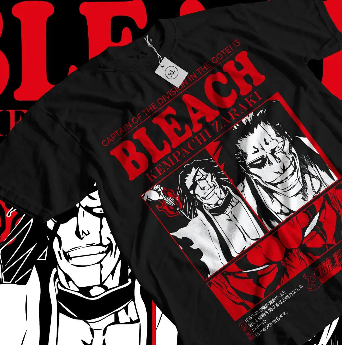 T-shirt coton bleach noir avec design saisissant kenpachi zaraki en impression rouge et blanc bold