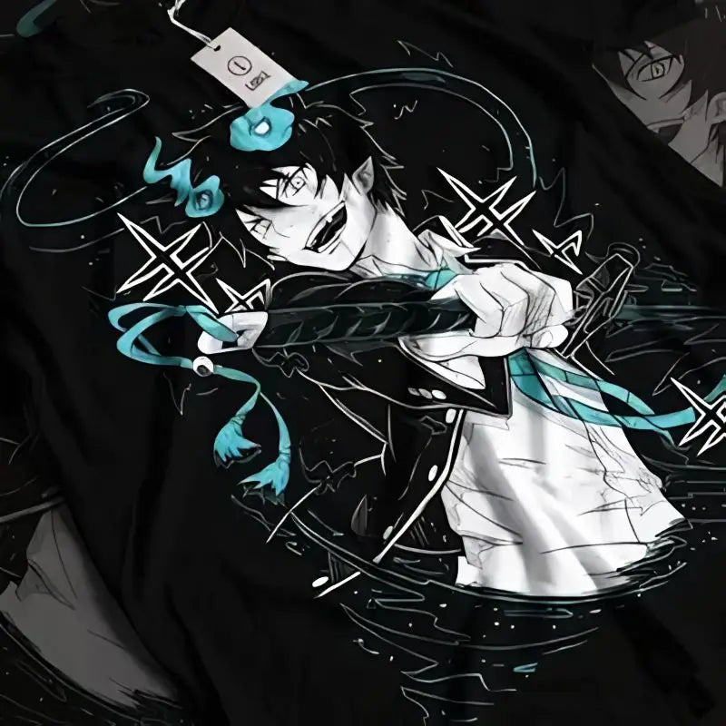 T-shirt coton bleu exorciste rin avec graphisme animé dynamique rin okumura en noir avec accents teal et blanc
