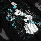 T-shirt coton bleu exorciste rin avec graphisme animé dynamique rin okumura en noir avec accents teal et blanc