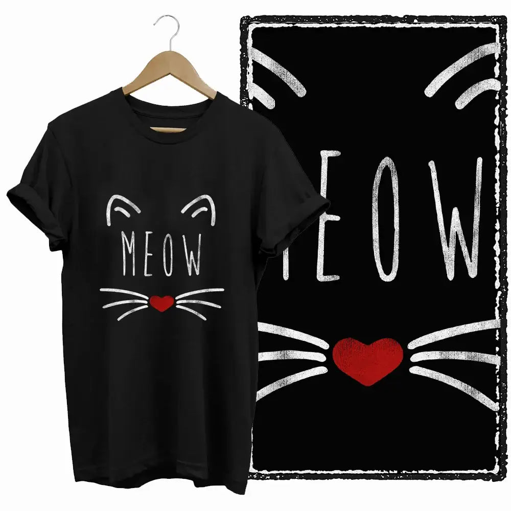 T-shirt noir en coton respirant avec motif chat coeur miaou blanc, moustaches et nez coeur rouge