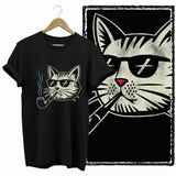 T-shirt coton chat maigret noir avec imprimé chat blanc portant lunettes noires et pipe avec nez rouge
