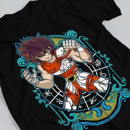 T-shirt coton chevalier noir avec graphique vibrant de zodiaque seiya en armure rouge blanc et détails teal