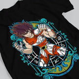 T-shirt coton chevalier noir avec graphique vibrant de zodiaque seiya en armure rouge blanc et détails teal