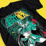 T-shirt saint seiya coton chevalier en noir avec design animé vert et blanc de shiryu et texte jaune vif