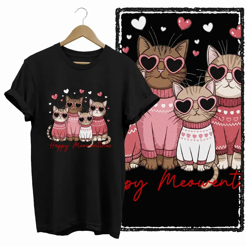 T-shirt noir en coton avec coupe classique famille chats illustration colorée de chats cartoon et texte happy meowentine