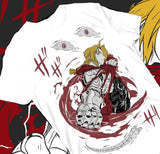 T-shirt coton doux blanc avec l’effigie d’edward elric en armure entouré d’énergie rouge fullmetal alchemist brotherhood