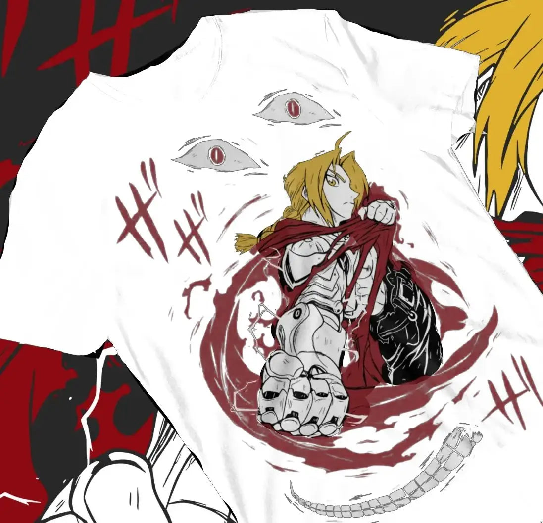 T-shirt coton doux blanc avec l’effigie d’edward elric en armure entouré d’énergie rouge fullmetal alchemist brotherhood