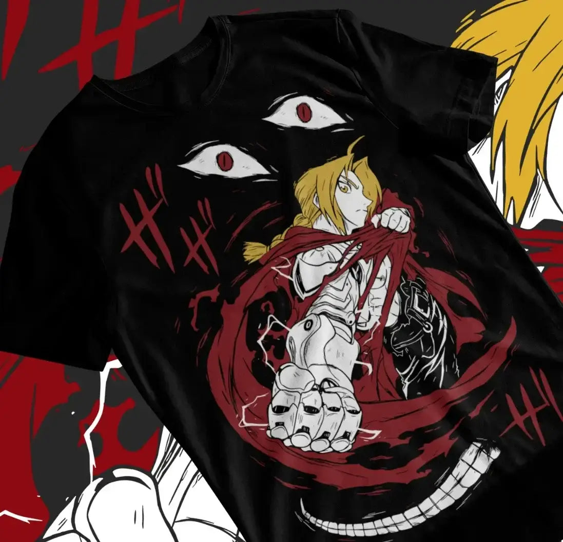 T-shirt noir coton doux fullmetal alchemist brotherhood avec l’effigie d’edward elric en armure blanche et tissu rouge