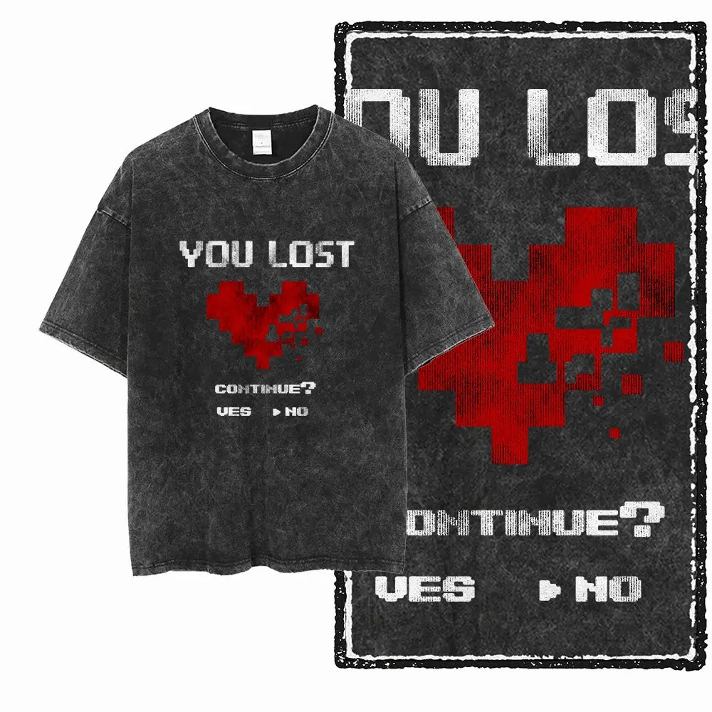 T-shirt coton gaming you noir avec cœur rouge pixelisé et design gaming you lost en style distressed