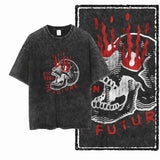 T-shirt noir en coton avec coupe classique et yeux enflammés sur un motif de crâne en flammes et texte j ai vu le futur