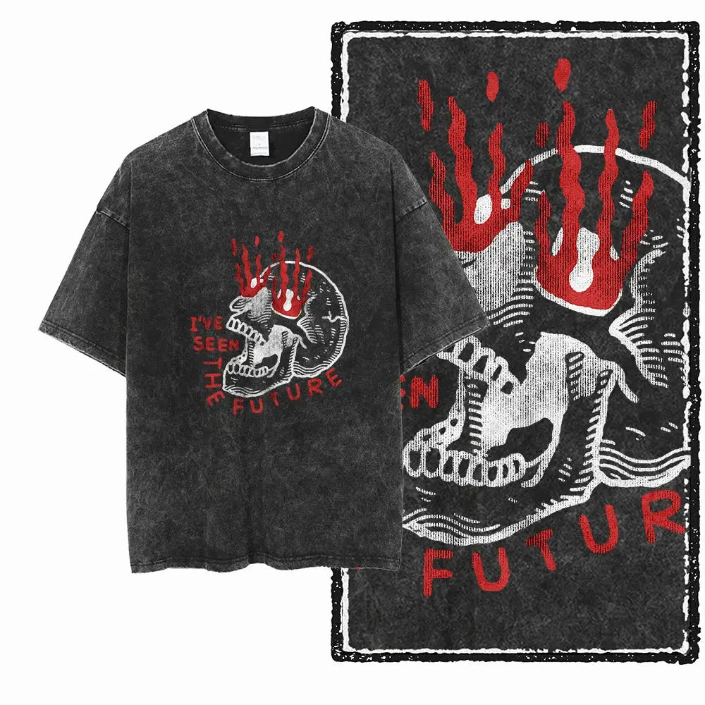 T-shirt noir en coton avec coupe classique et yeux enflammés sur un motif de crâne en flammes et texte j ai vu le futur