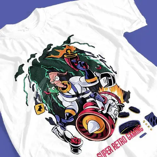 T-shirt coton earthworm jim blanc avec graphisme coloré jeu vidéo rétro phineas et ferb style culte earthworm jim
