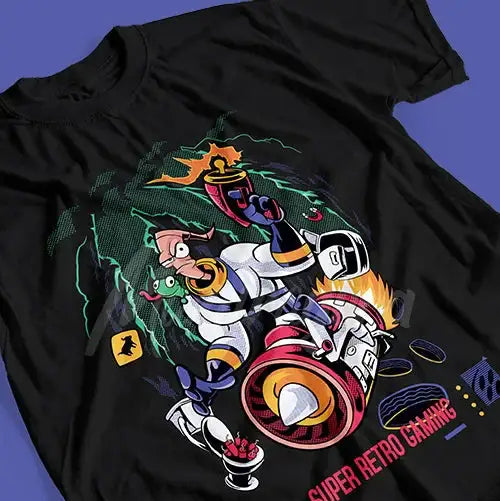 T-shirt coton earthworm jim noir avec un graphisme rétro de jeu vidéo culte en vert néon et orange