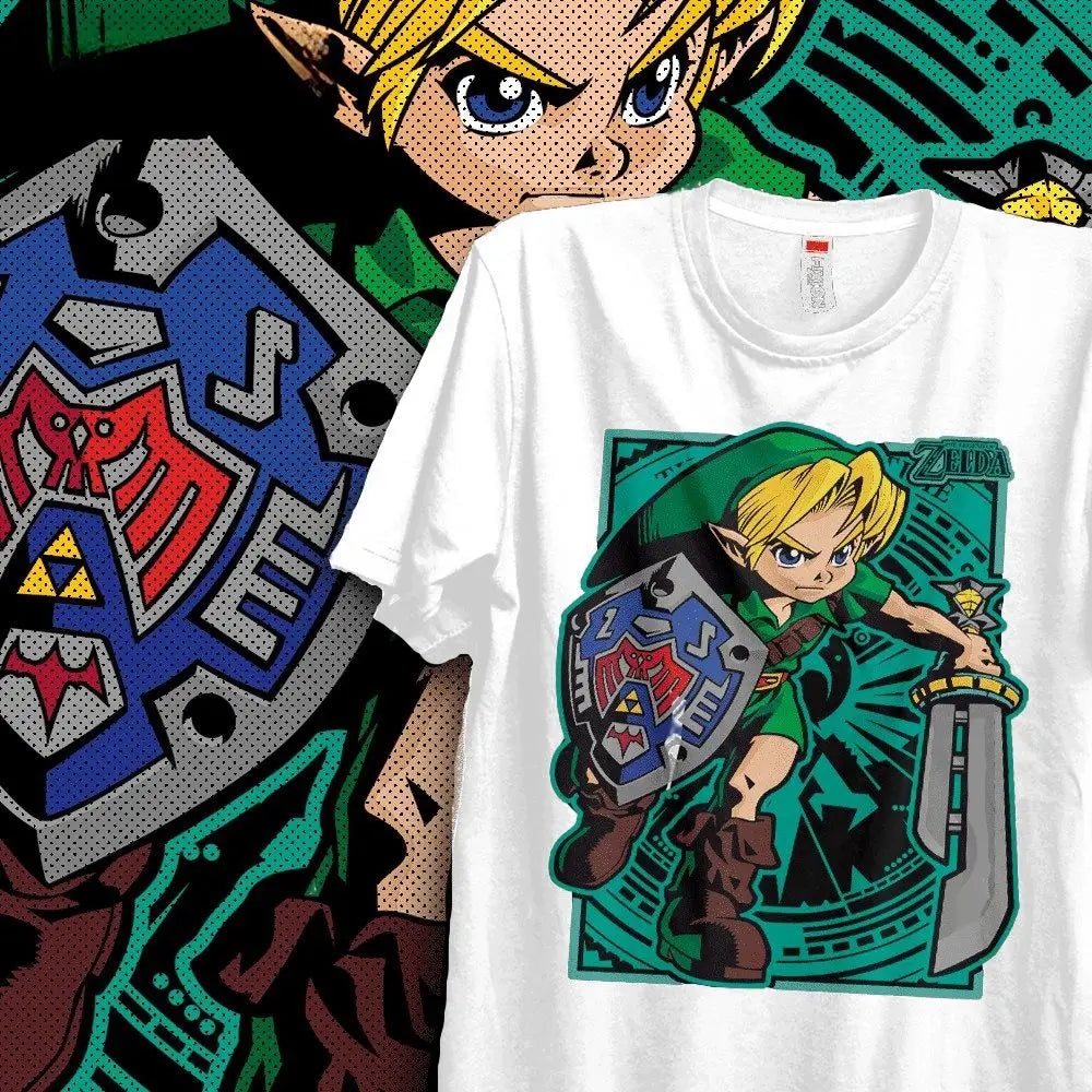 T-shirt coton jeune link zelda blanc avec design emblématique vibrant de link tenant épée et bouclier aux contours teal