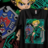 T-shirt coton doux noir avec design emblématique de jeune link zelda tenant épée et bouclier aux accents vifs