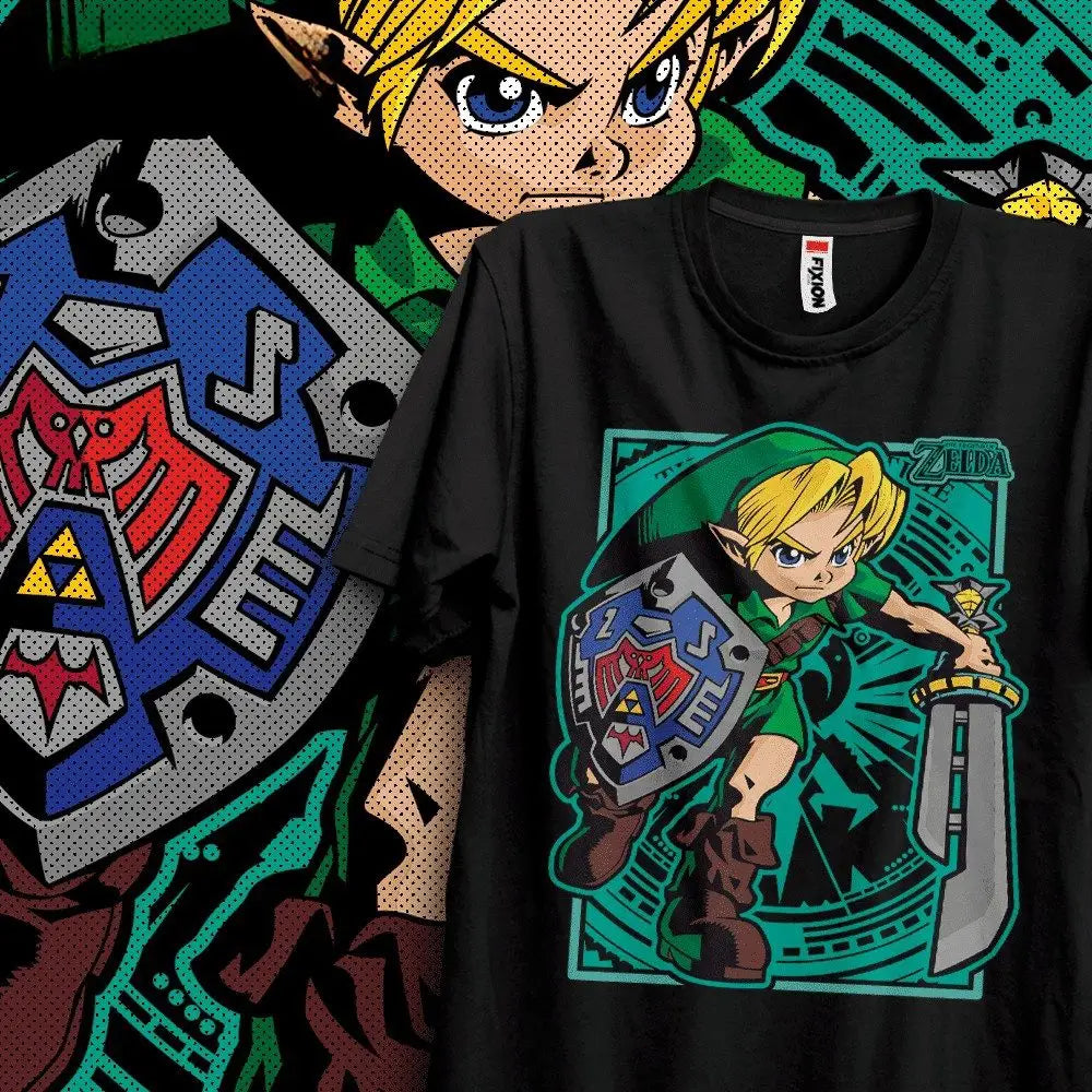 T-shirt coton doux noir avec design emblématique de jeune link zelda tenant épée et bouclier aux accents vifs