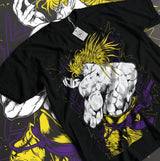 T-shirt coton jojo noir avec graphique stylisé d’un personnage musclé aux cheveux jaunes spiky jotaro kujo