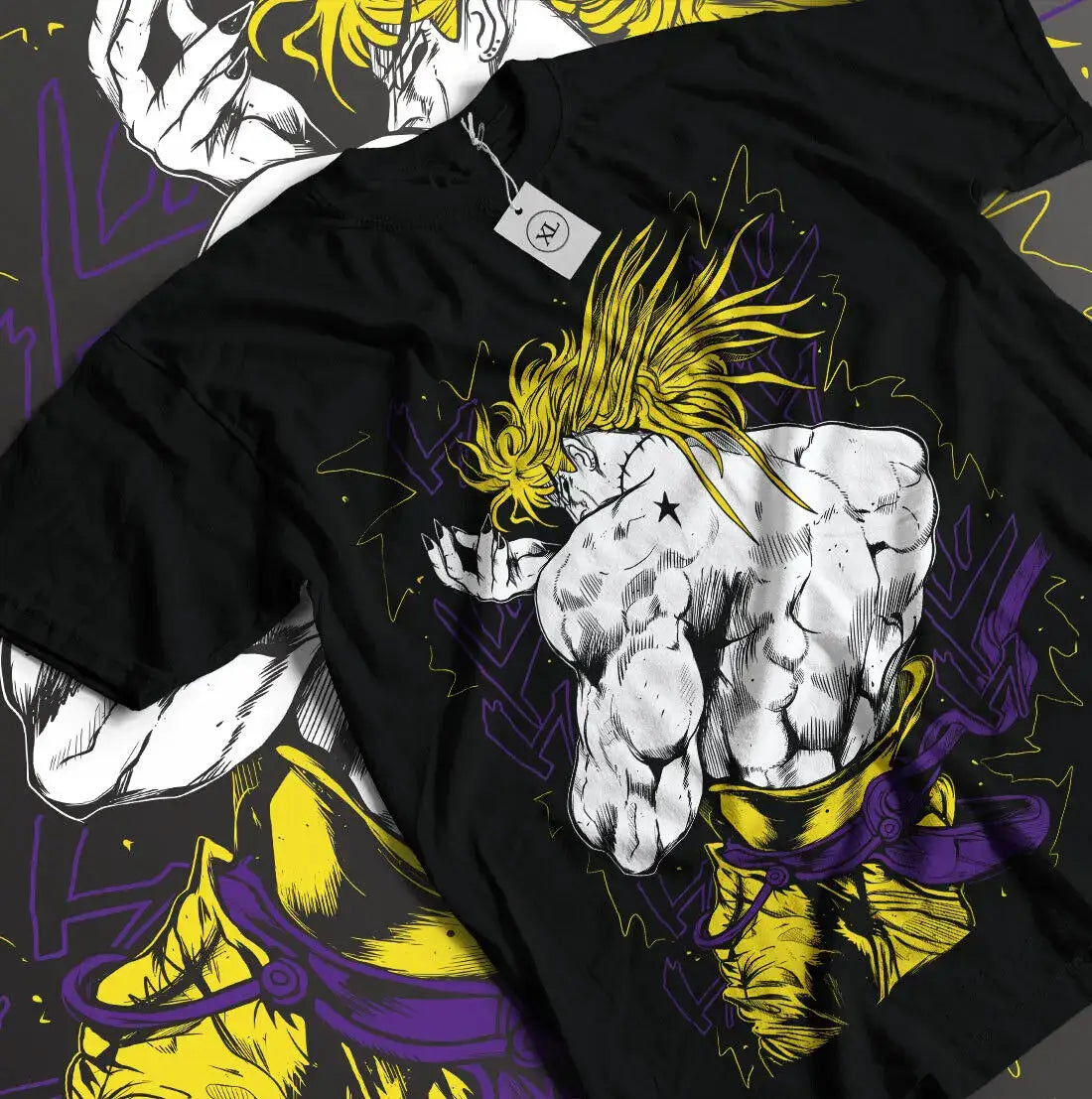 T-shirt coton jojo noir avec graphique stylisé d’un personnage musclé aux cheveux jaunes spiky jotaro kujo