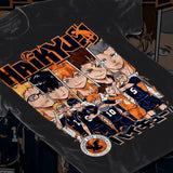 T-shirt coton karasuno haikyuu noir avec graphique orange et blanc des personnages du lycée karasuno en uniformes