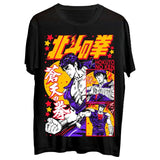T-shirt coton ken noir avec graphique animé hokuto no ken en rouge, jaune et violet style bande dessinée dynamique