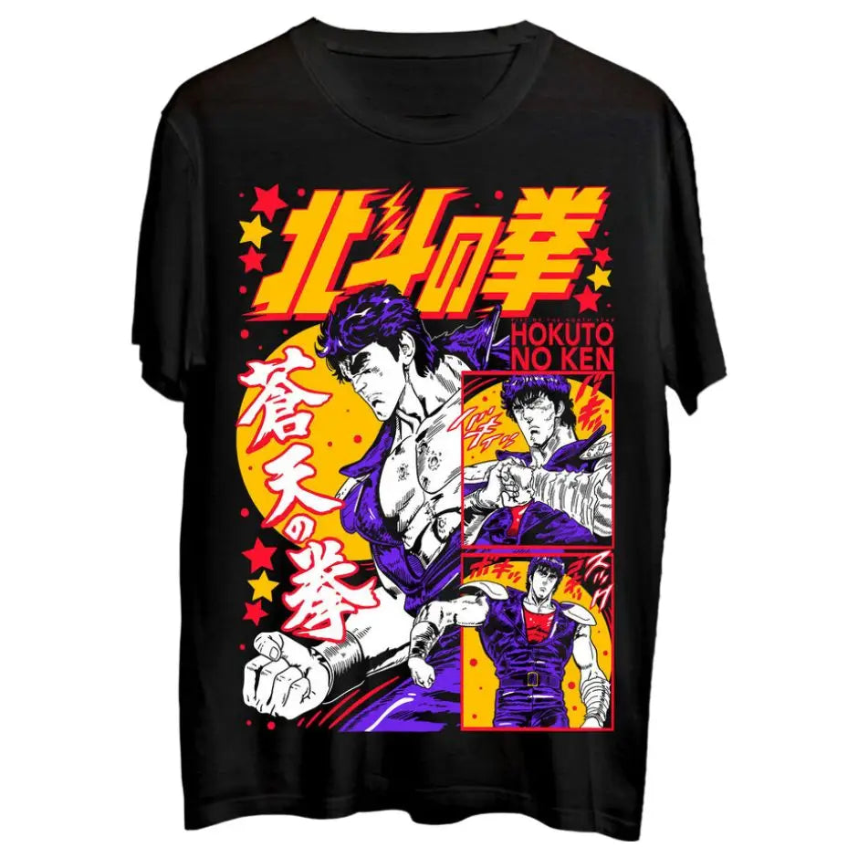 T-shirt coton ken noir avec graphique animé hokuto no ken en rouge, jaune et violet style bande dessinée dynamique