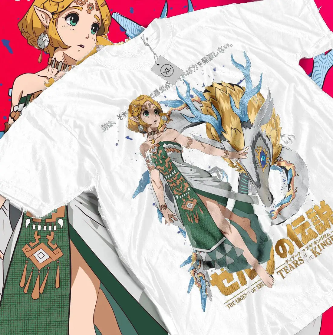 T-shirt coton legend of zelda avec illustration captivante de princesse zelda en vert sur dragon bleu et or avec texte japonais