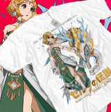 T-shirt coton legend of zelda avec illustration captivante de princesse zelda en vert sur dragon bleu et or avec texte japonais