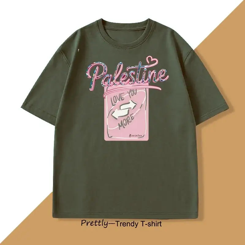 T-shirt coton love palestine olive vert avec manches courtes et motif pailleté rose palestine au-dessus d un livre illustré