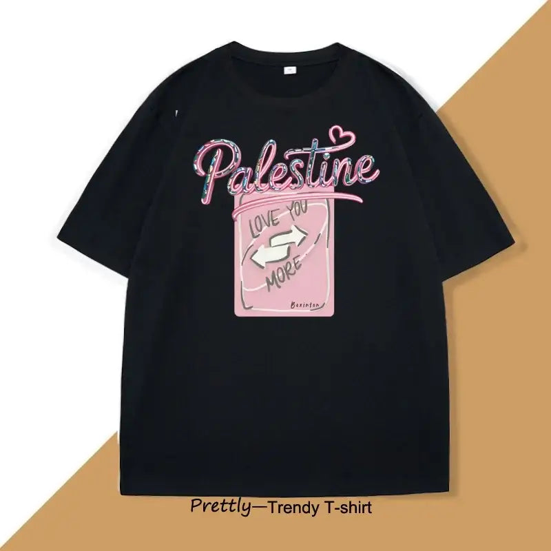 T-shirt coton love palestine noir manches courtes avec motif rose glitter love you more en gris foncé