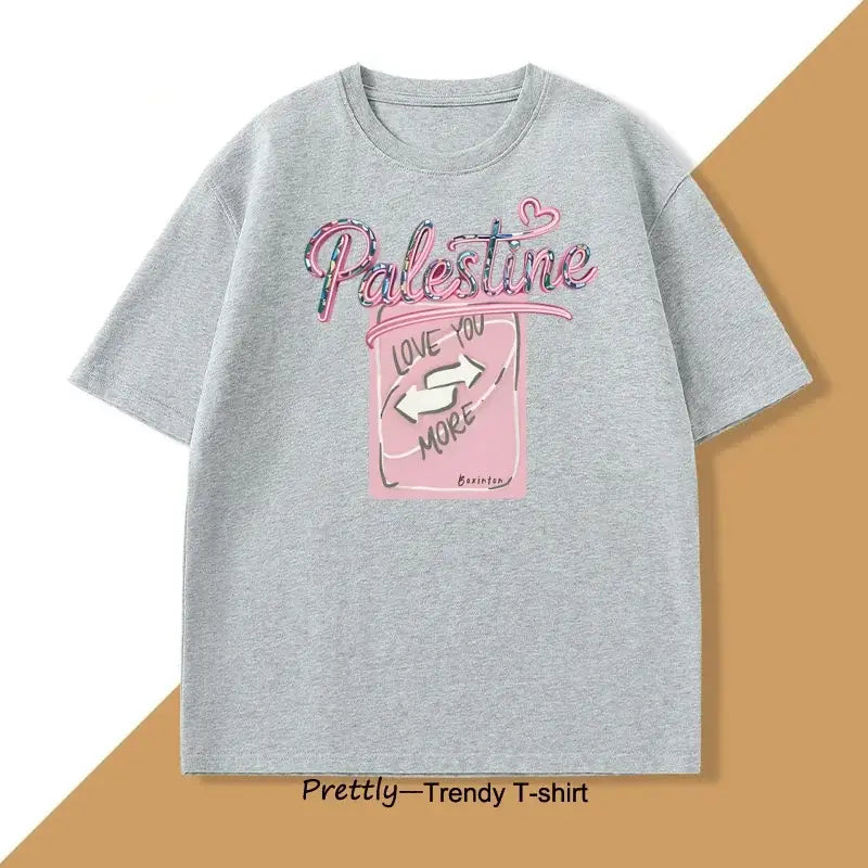 T-shirt coton love palestine gris foncé en coton avec motif rose pailleté palestine et illustration bocal love you more