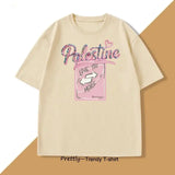 T-shirt coton love palestine beige manches courtes avec motif rose et inscription pailletée palestine gris foncé