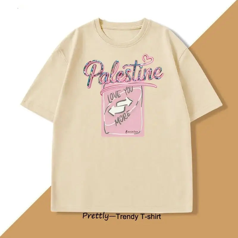 T-shirt coton love palestine beige manches courtes avec motif rose et inscription pailletée palestine gris foncé