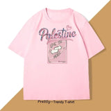 T-shirt coton love palestine rose doux à manches courtes avec imprimé pailleté palestine et pot love you more