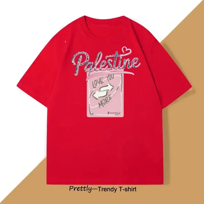 T-shirt coton love palestine rouge avec imprimé graphique love you more et texte palestine en script pailleté