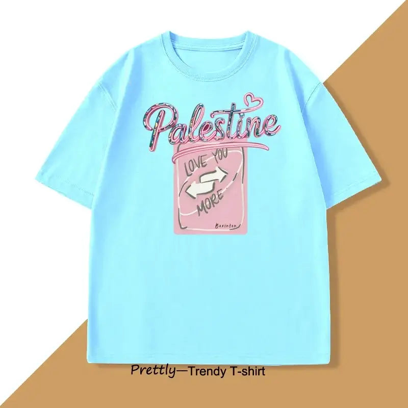 T-shirt coton love palestine bleu clair à manches courtes avec graphique rose et message love you more