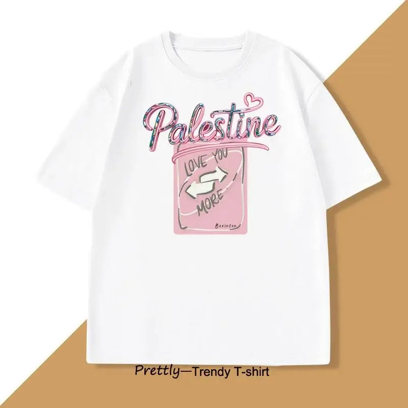 T-shirt coton love palestine blanc à manches courtes avec graphique rose pailleté palestine et carte love you more