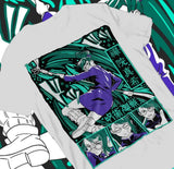 T-shirt coton maki zenin blanc avec design percutant d un personnage d anime en violet sur fond vert et noir dynamique