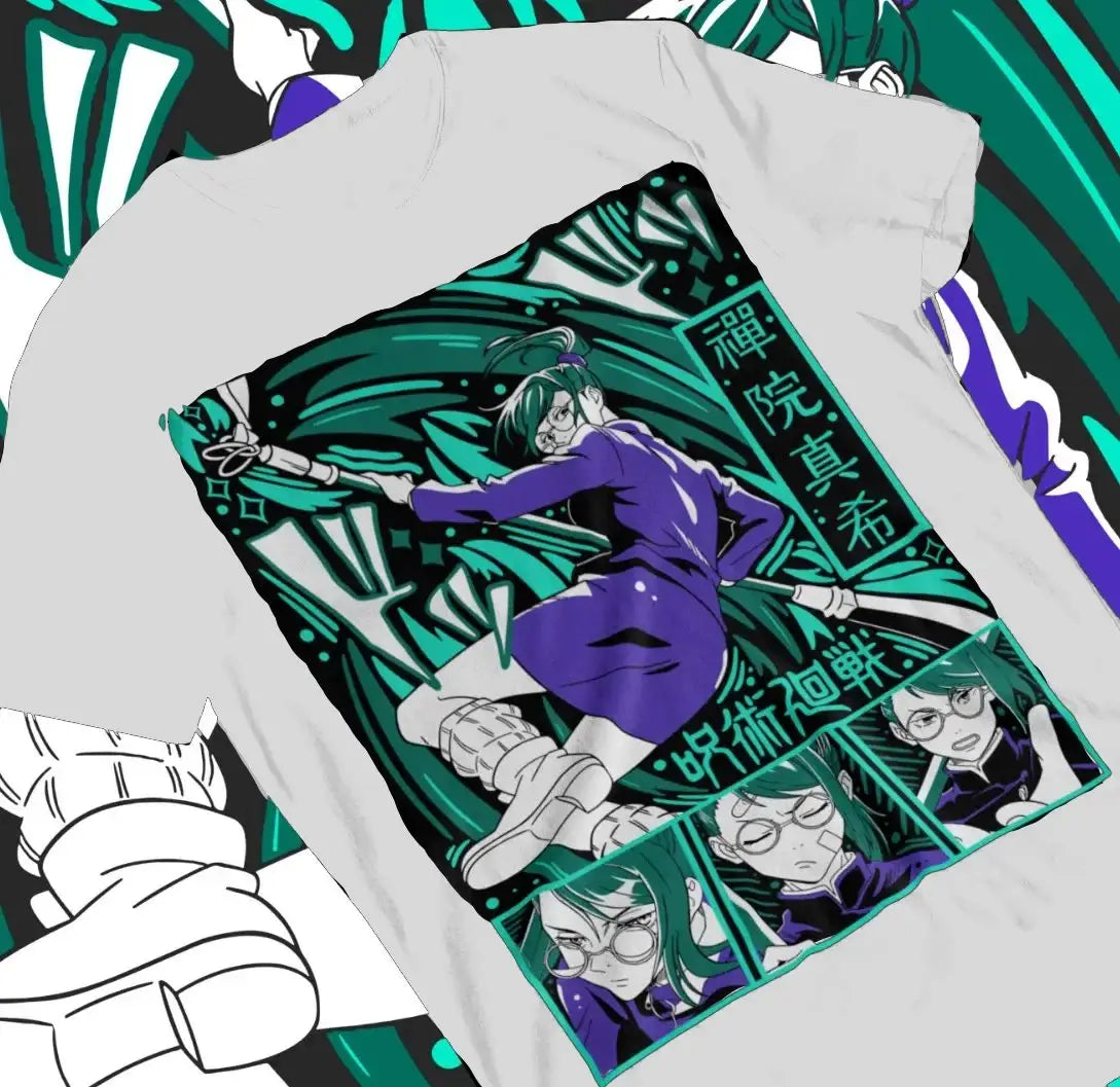 T-shirt coton maki zenin blanc avec design percutant d un personnage d anime en violet sur fond vert et noir dynamique