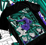 T-shirt coton maki zenin noir en coton doux avec design percutant de personnage anime vert et violet en mouvement dynamique