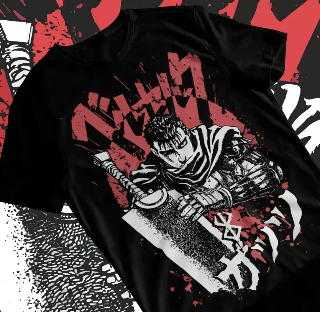 T-shirt coton manga berserk noir manches courtes avec design percutant griffith en blanc et rouge pour confort exceptionnel