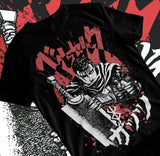 T-shirt coton manga berserk noir manches courtes avec design percutant griffith en blanc et rouge pour confort exceptionnel