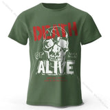 T-shirt coton pour homme olive avec graphique skull et texte death or alive en rouge et blanc, vêtements graphiques en coton doux