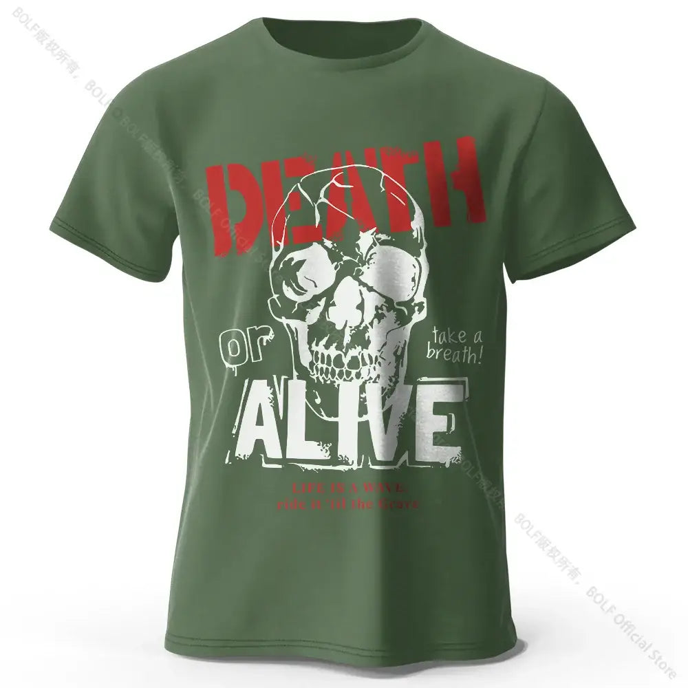 T-shirt coton pour homme olive avec graphique skull et texte death or alive en rouge et blanc, vêtements graphiques en coton doux