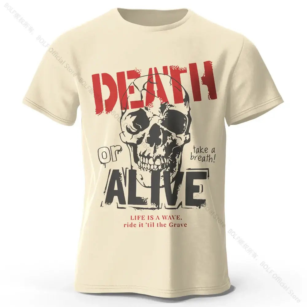 T-shirt coton pour hommes couleur crème avec graphique noir et rouge tête de mort vêtements graphiques coton doux