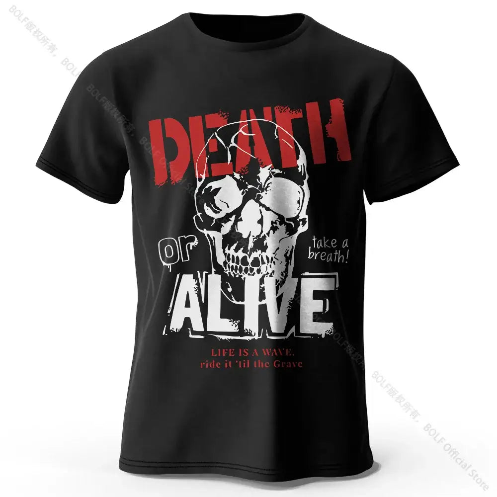 T-shirt coton homme noir avec graphique crâne et textes death or alive vêtements graphiques coton doux