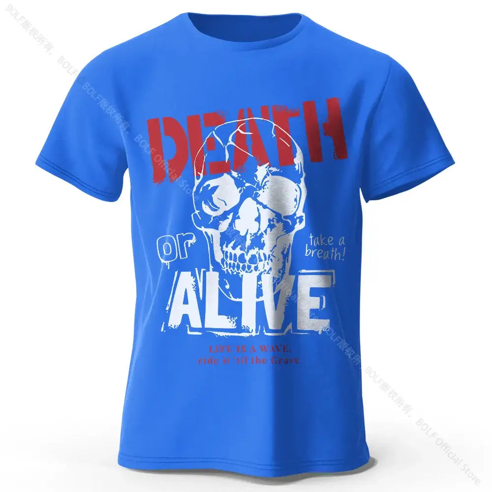 T-shirt coton homme bleu avec graphique crâne blanc et texte en rouge et blanc vêtements graphiques men’s death coton doux