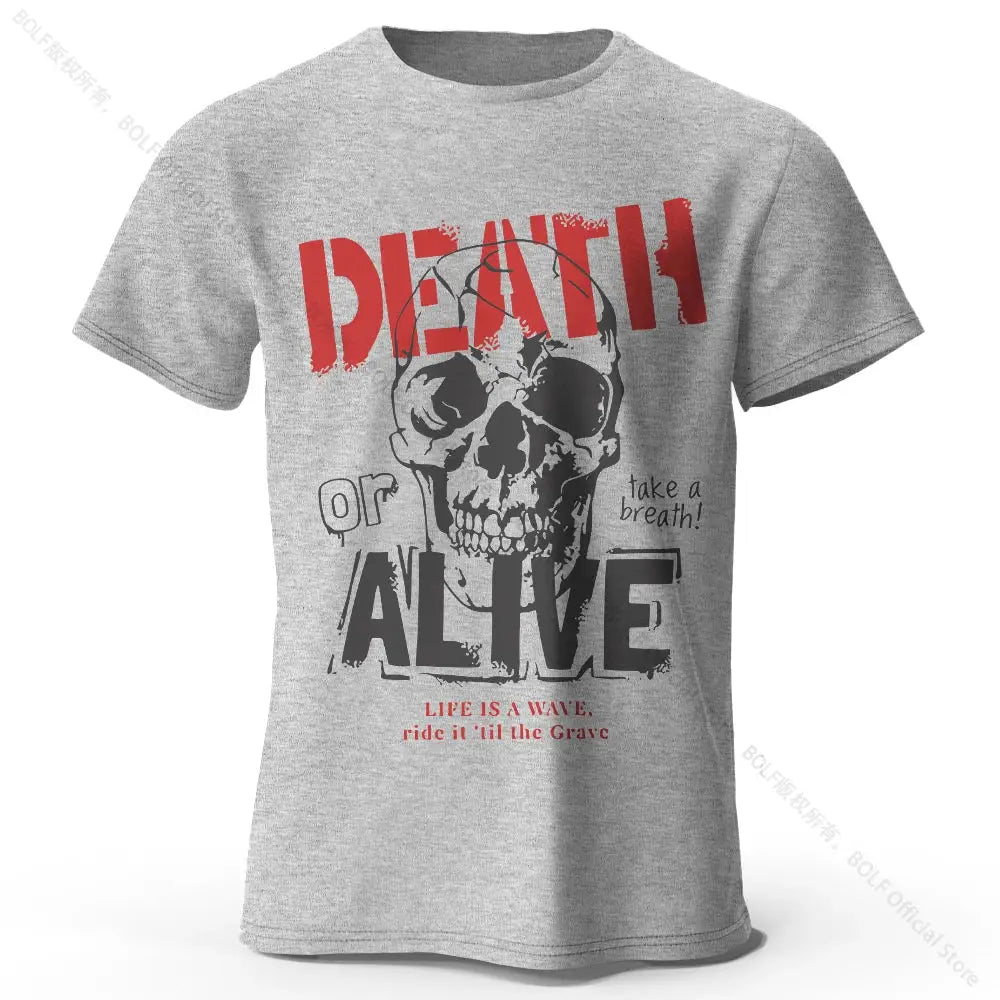T-shirt coton homme gris avec graphique audacieux death en rouge et crâne noir vêtements graphiques coton doux