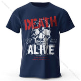 T-shirt coton homme bleu marine manches courtes avec graphique de crâne et texte rouge death or alive vêtements graphiques coton doux