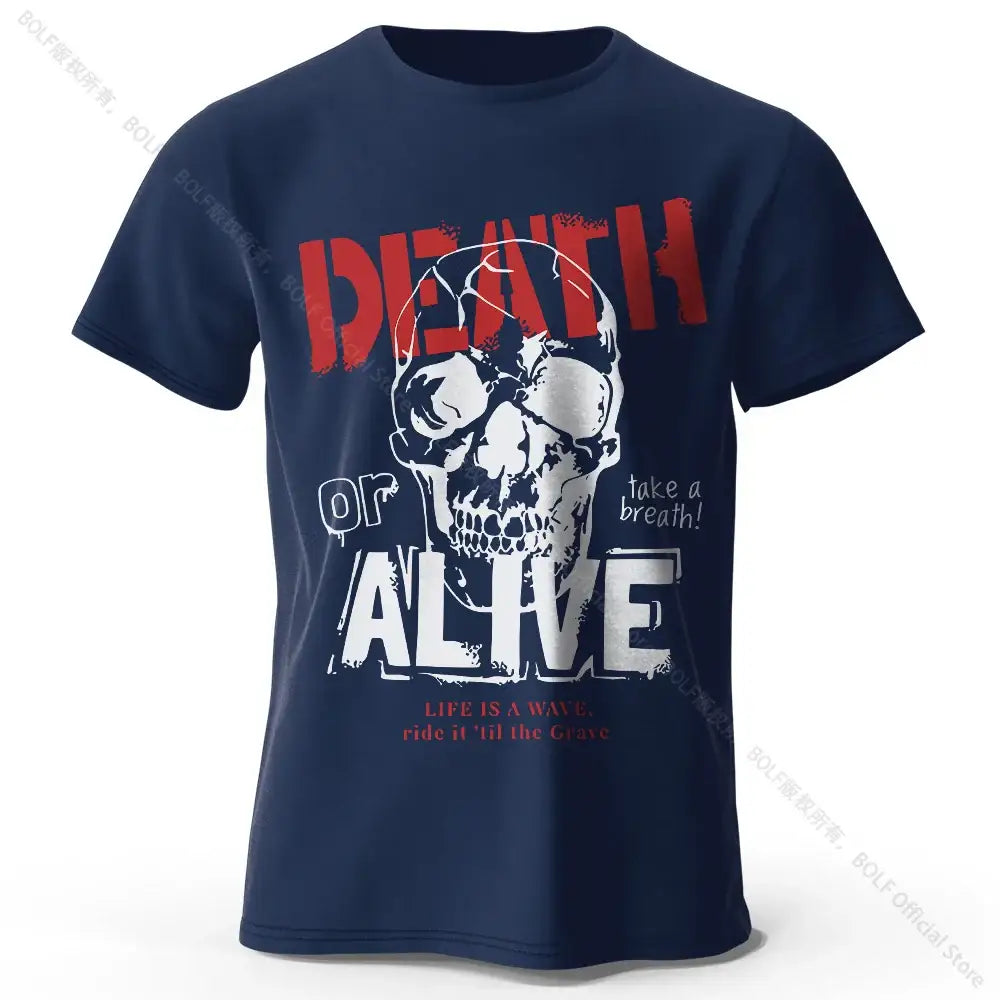 T-shirt coton homme bleu marine manches courtes avec graphique de crâne et texte rouge death or alive vêtements graphiques coton doux