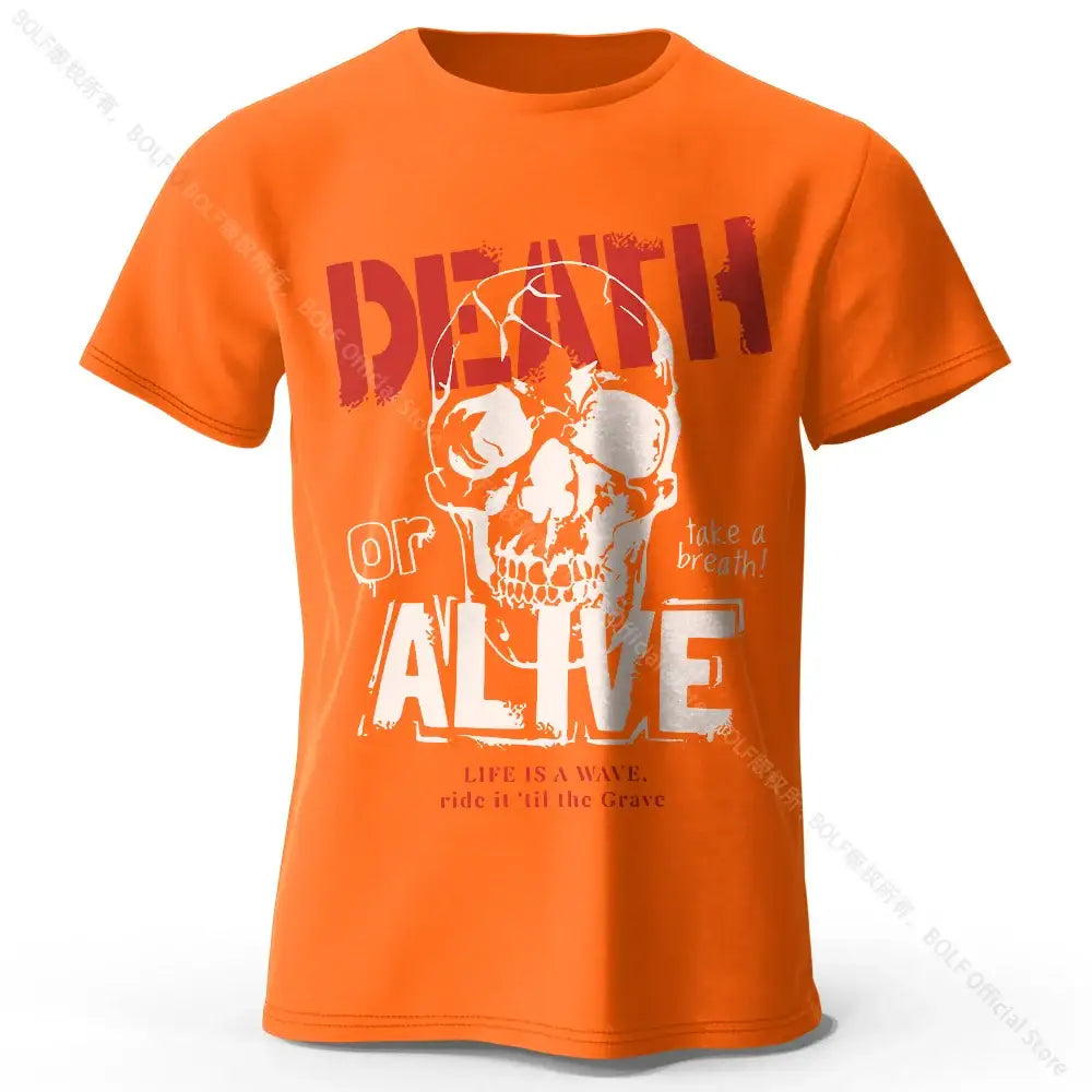 T-shirt coton homme orange avec motif graphique de crâne et texte death or alive en lettres rouges pour vêtements graphiques men’s death